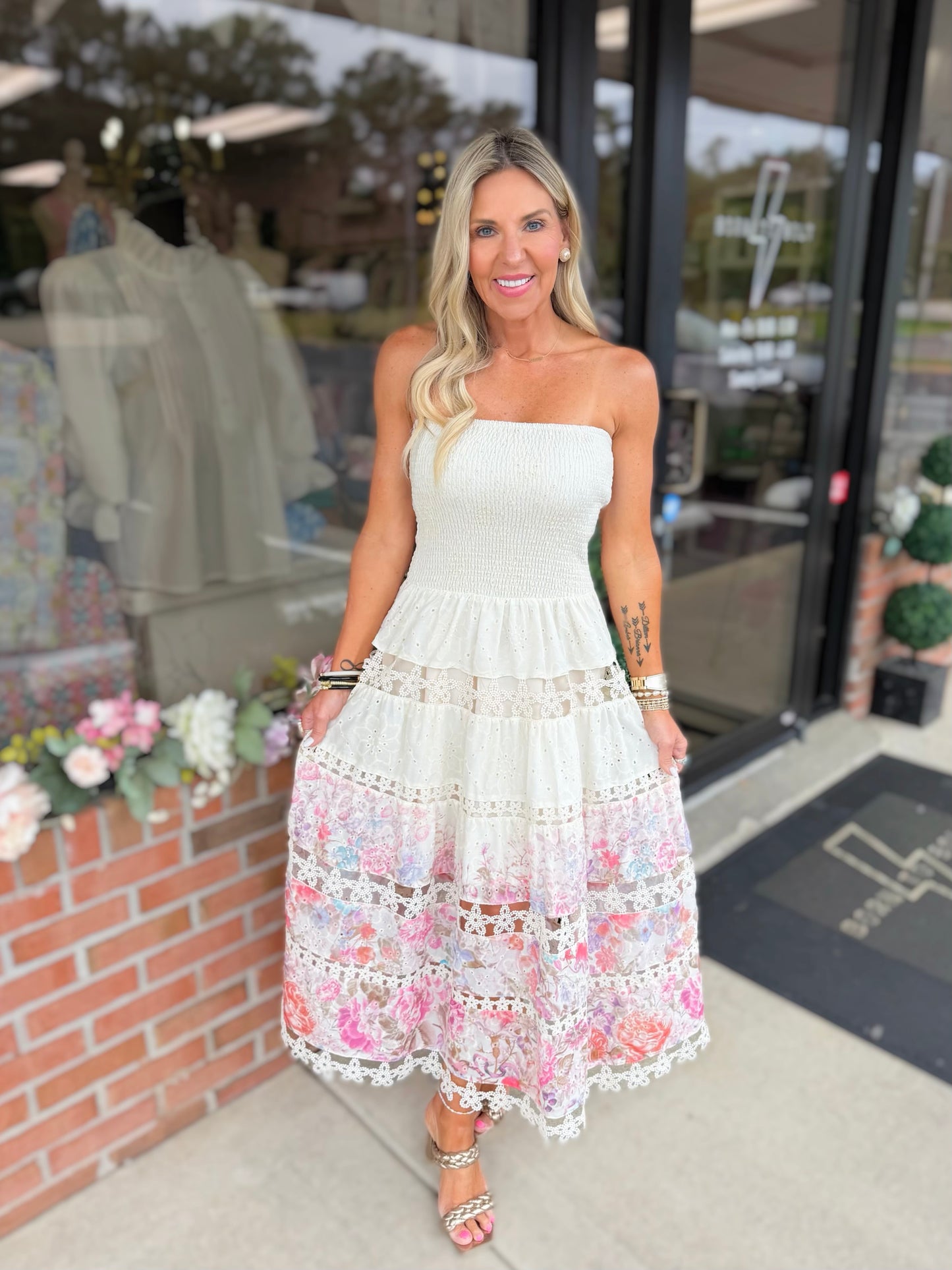 Eyelet Lace Tube Dress In Floral Print