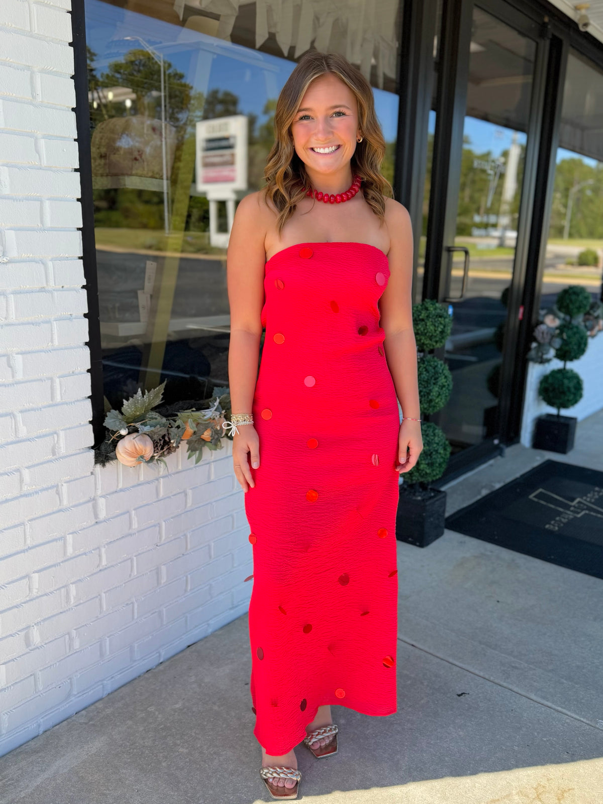Sequin Disc Strapless Maxi Dress