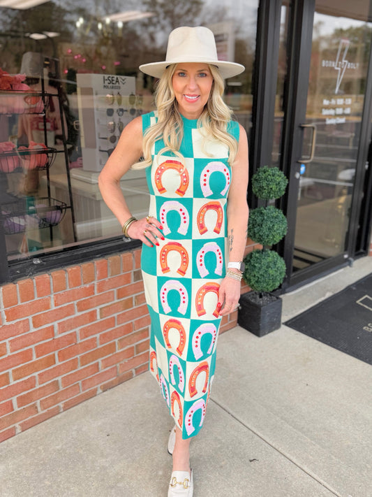 QOS Checkered Horseshoe Maxi Dress