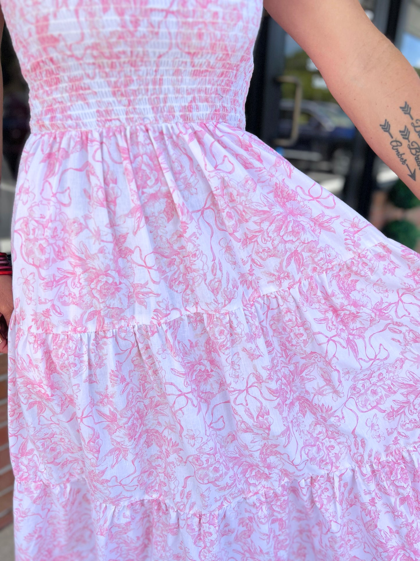Pink Bow Toile Smocked Flutter Sleeve Dress