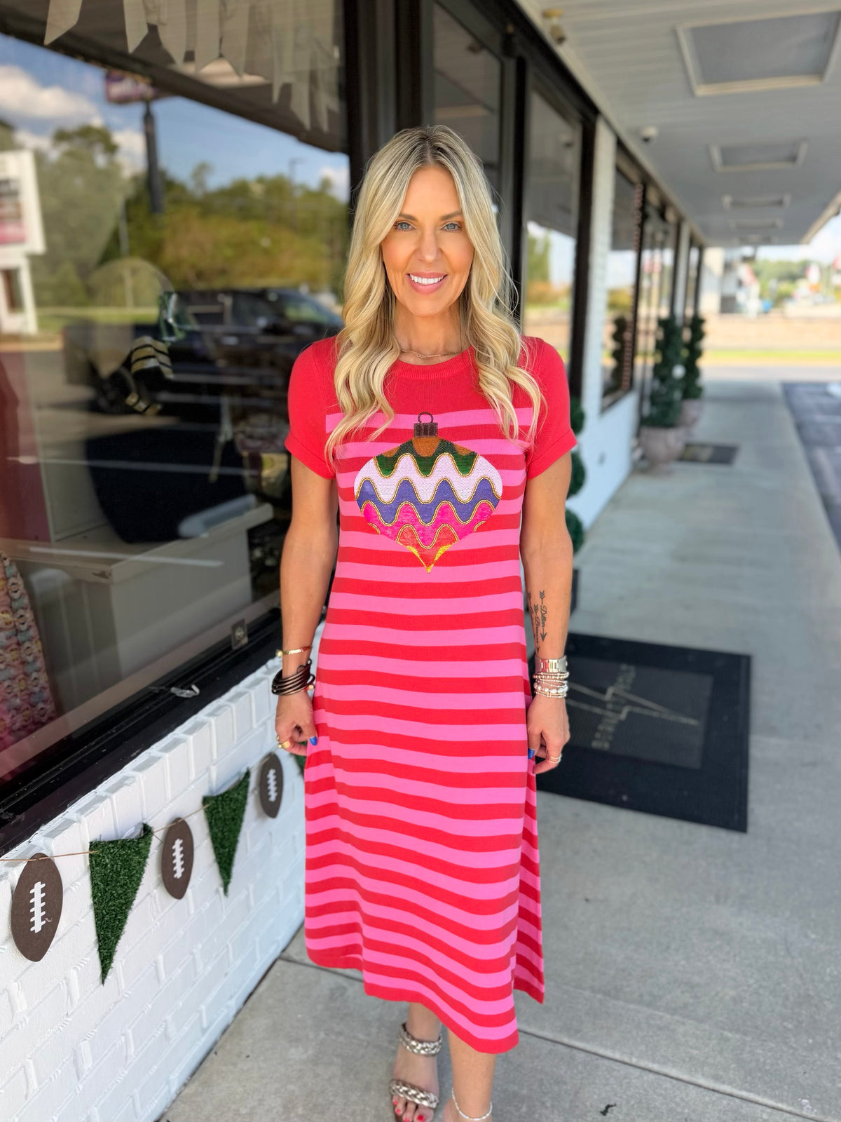 QOS Striped Knit Multi Ornament Midi Dress