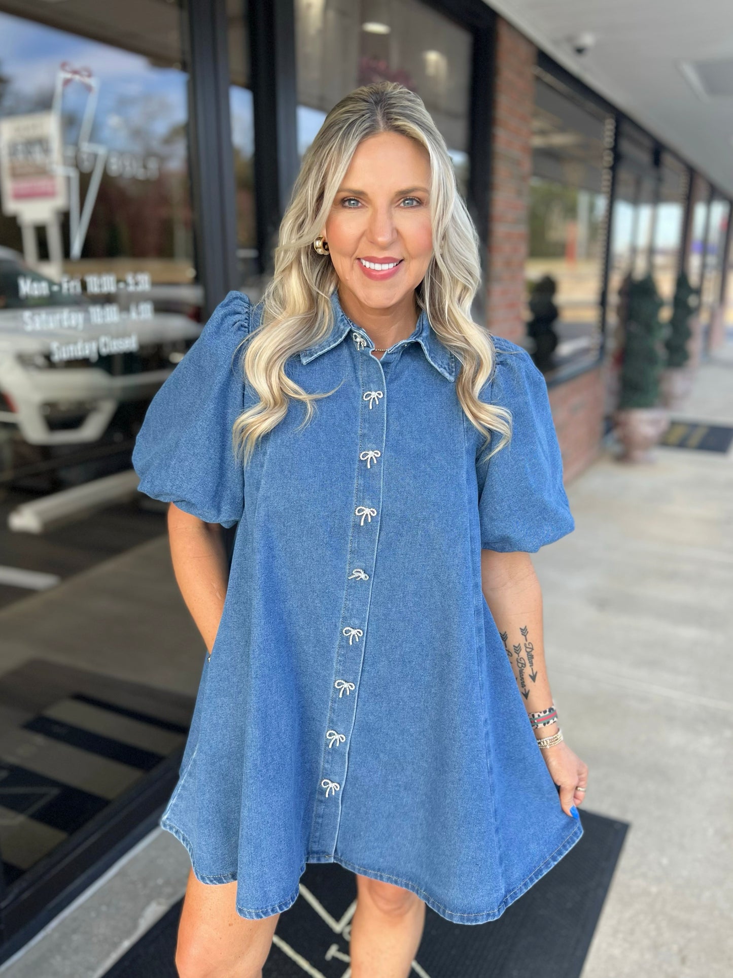 Bow Button Denim Dress