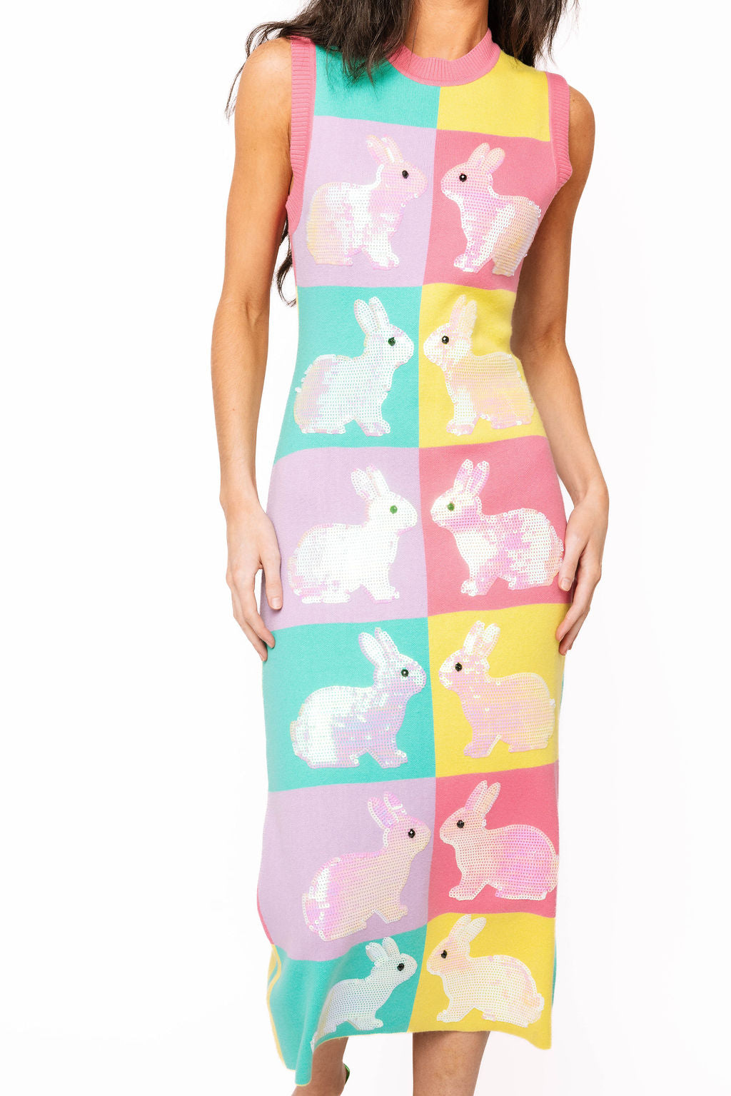 QOS Checkered Easter Bunny Midi Dress