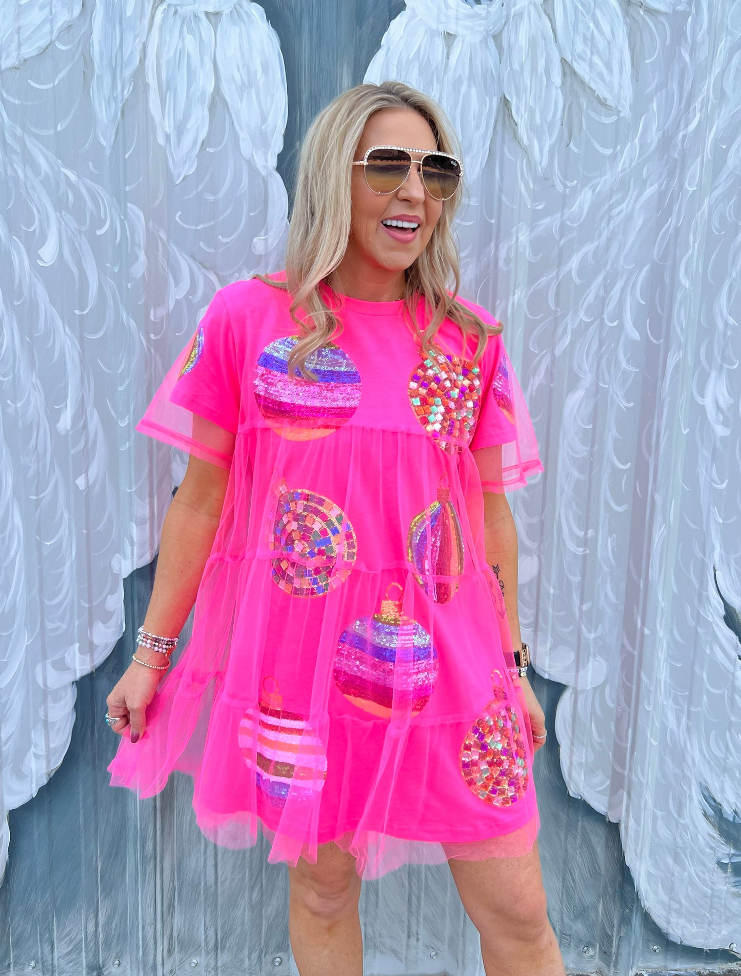 QOS Neon Pink Mesh Overlay Ornament Dress