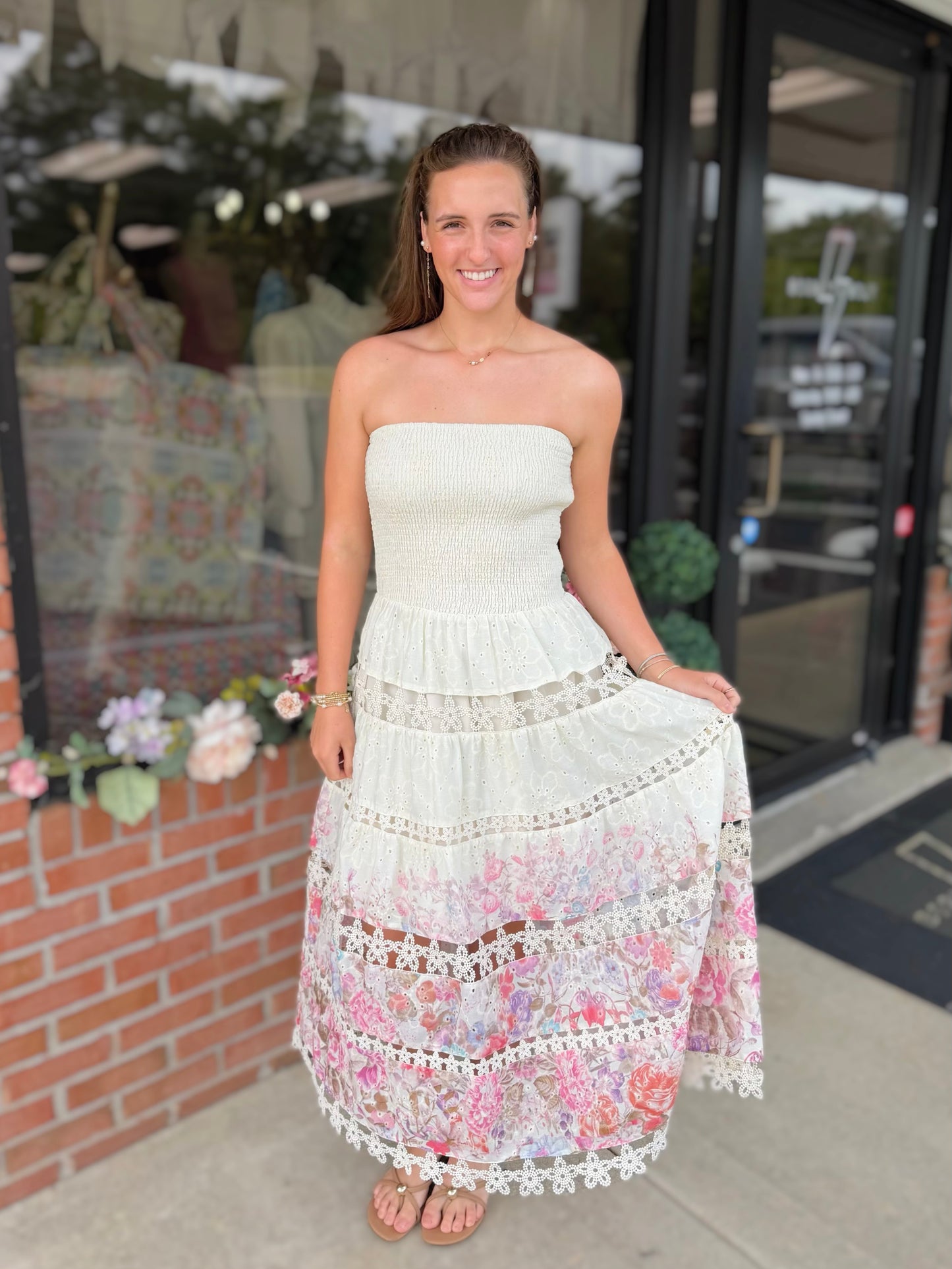Eyelet Lace Tube Dress In Floral Print