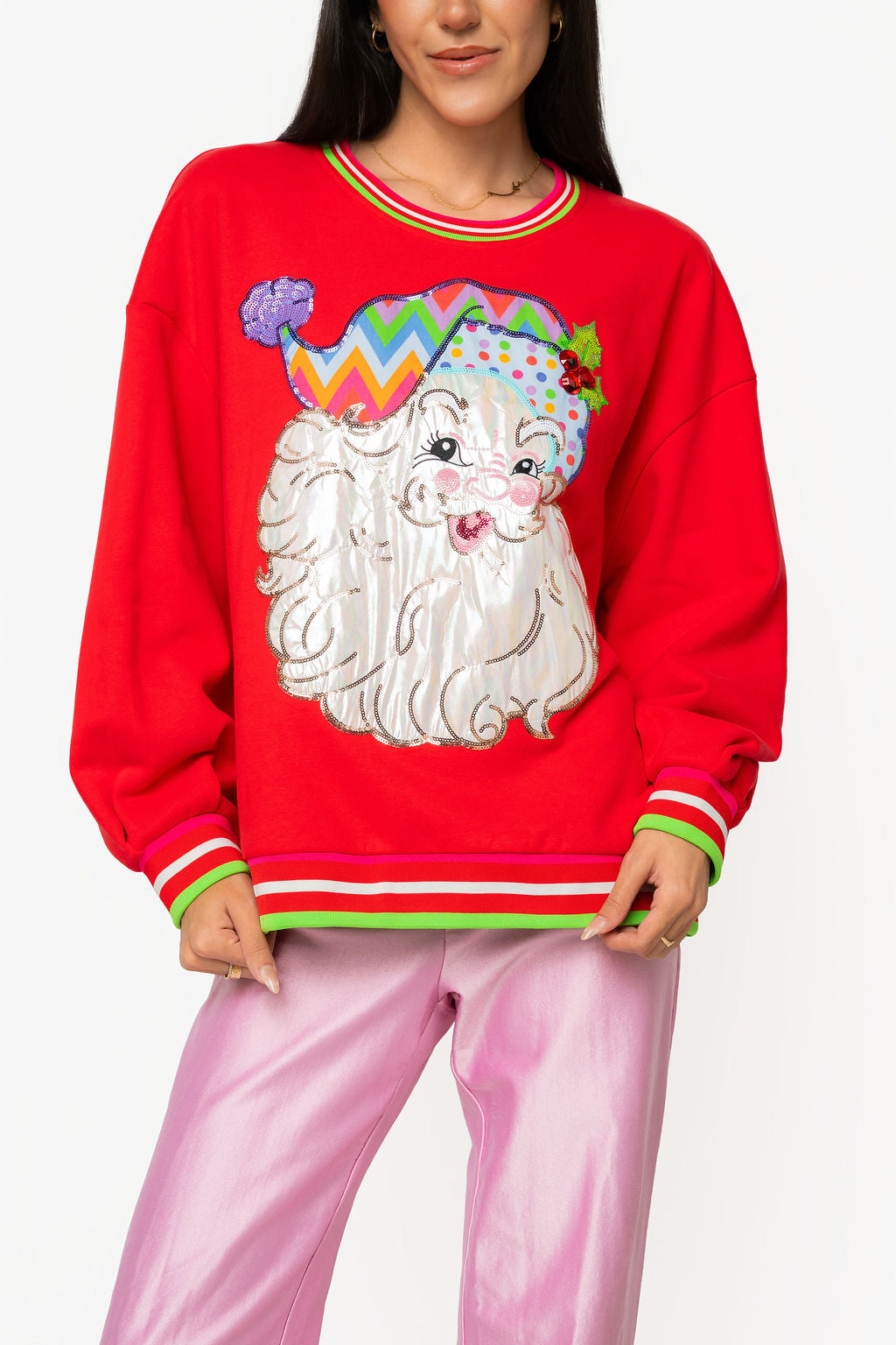 QOS Red Multi Hat Metallic Santa Sweatshirt