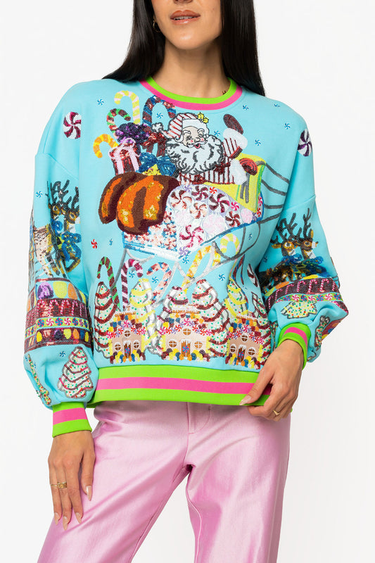 QOS Vintage Santa Gingerbread House Sweatshirt