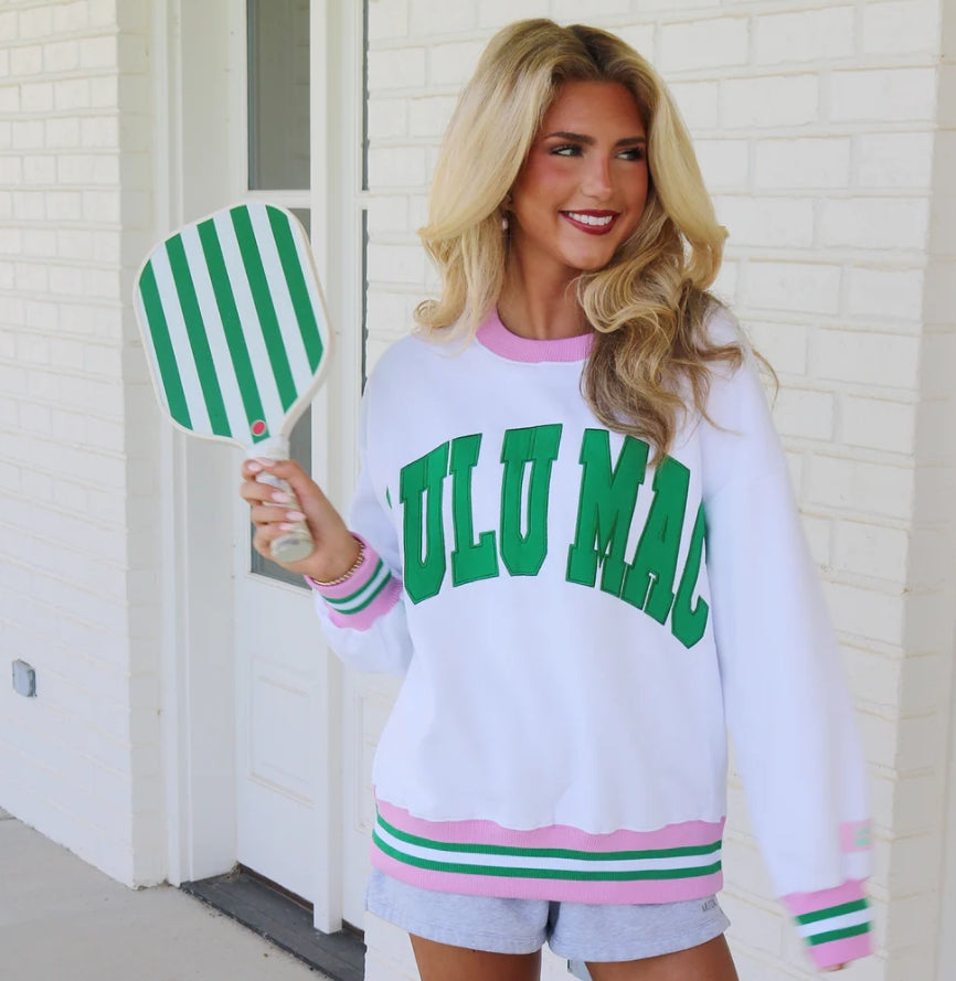LULU MAC Sweatshirt: White/Green Stitch