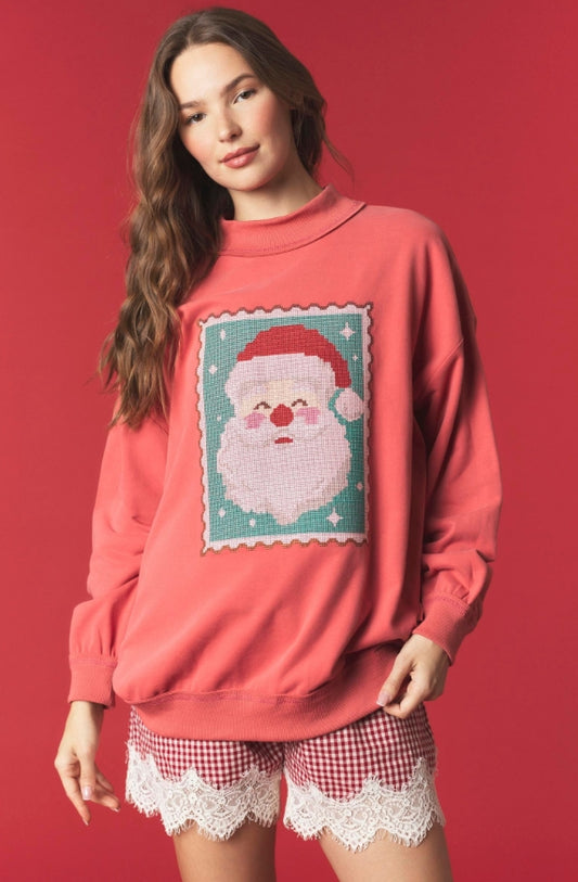 Cross Stitch Santa Stamp Mock Neck Sweatshirt