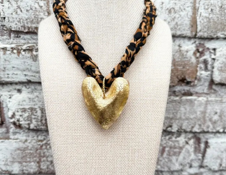 Leopard Bandana with Chunky Heart Necklace