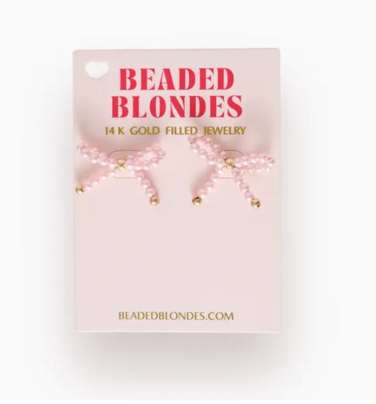 Beaded Blondes Pink Pearl Bow Earrings