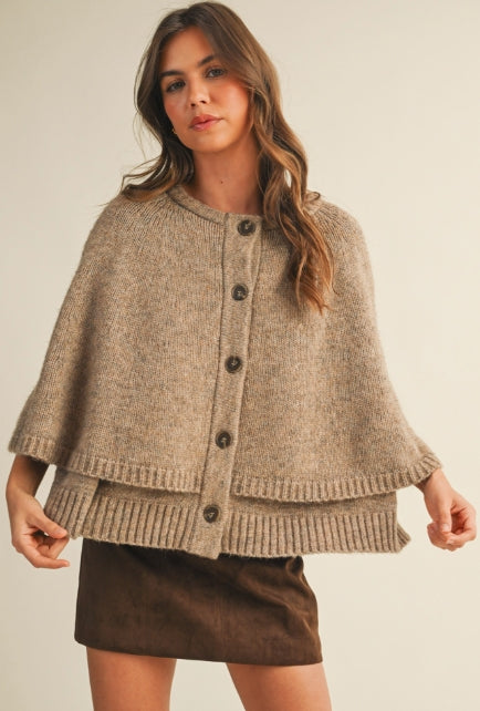 Button Closure Sweater Cape Cardigan