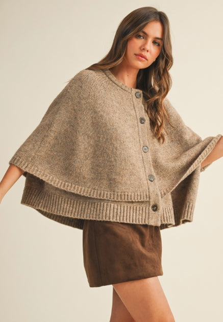 Button Closure Sweater Cape Cardigan