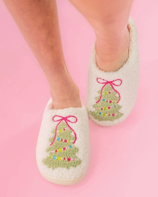 Pink Bow Christmas Tree Slippers