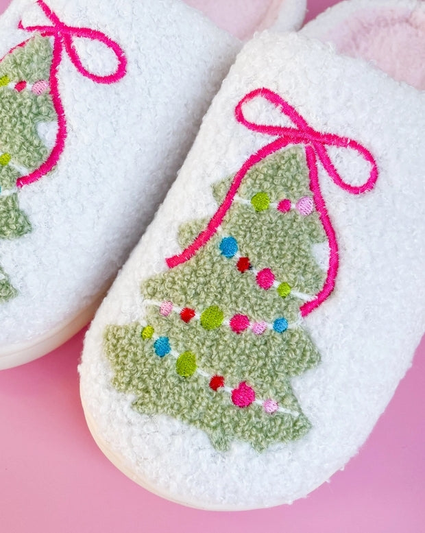 Pink Bow Christmas Tree Slippers