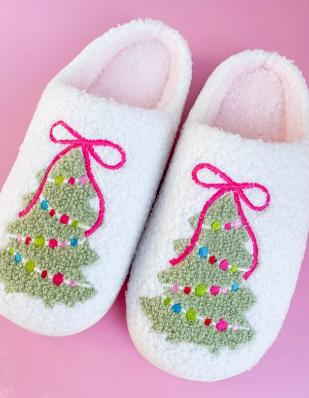Pink Bow Christmas Tree Slippers