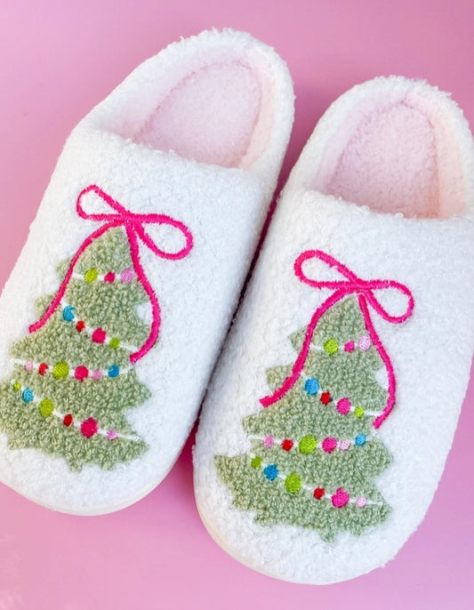 Pink Bow Christmas Tree Slippers