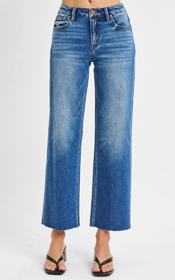 Risen: Mid Rise Straight Clean Cut Hem Jeans