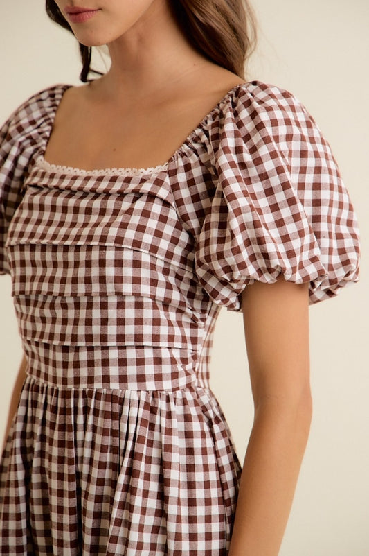 Gingham Lace Trim Midi Dress