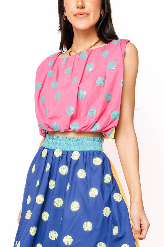 QOS Color Block Polka Dot Bubble Top