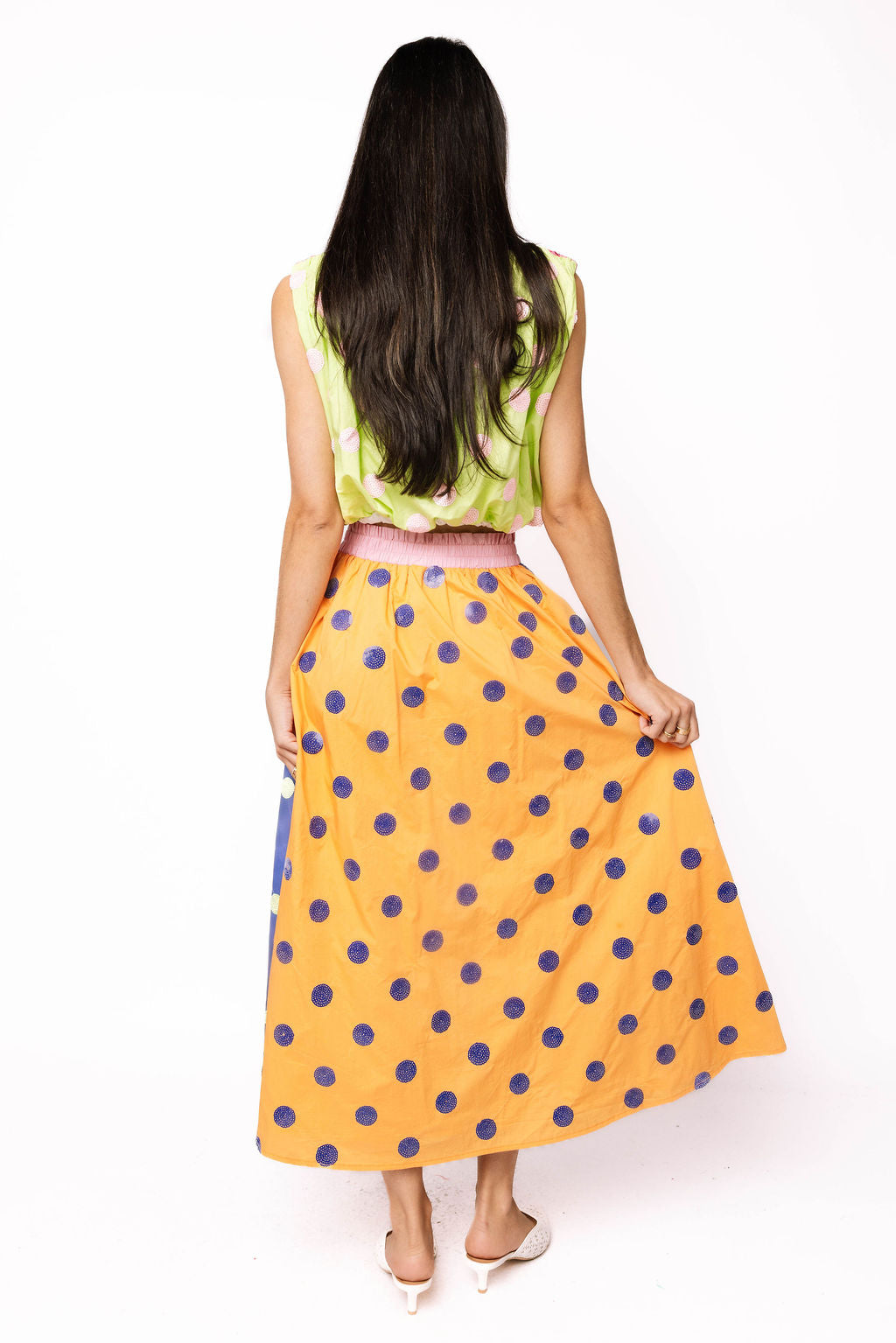 QOS Color Block Polka Dot Midi Skirt