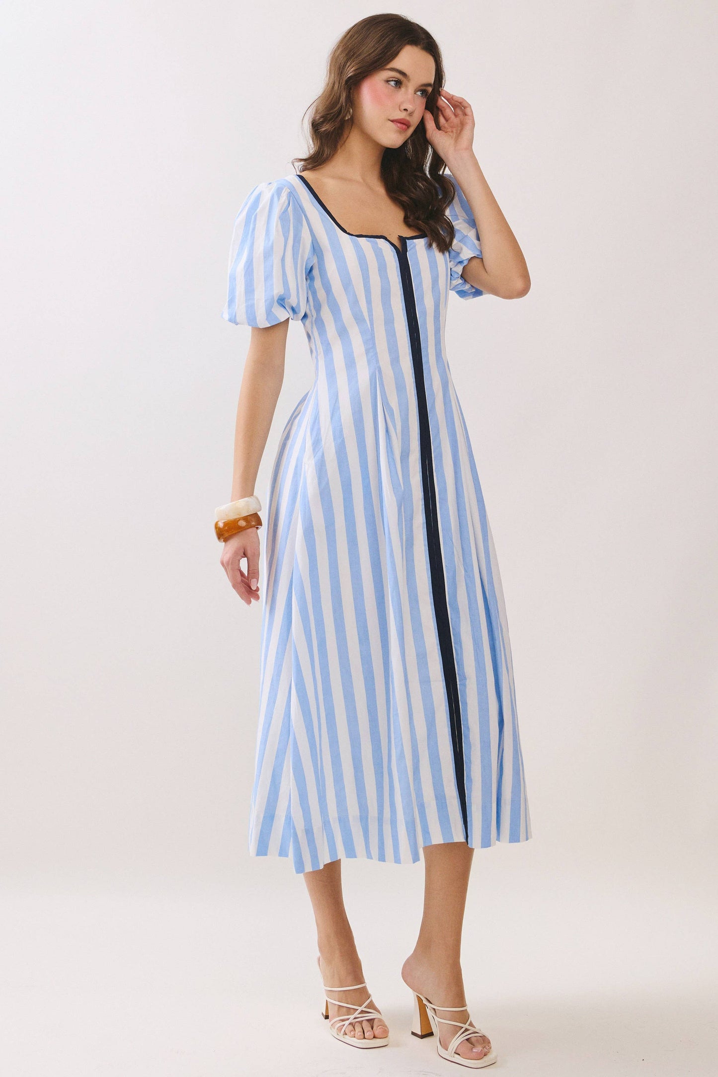 Striped Contrast Piping Detail Square Neck Dress