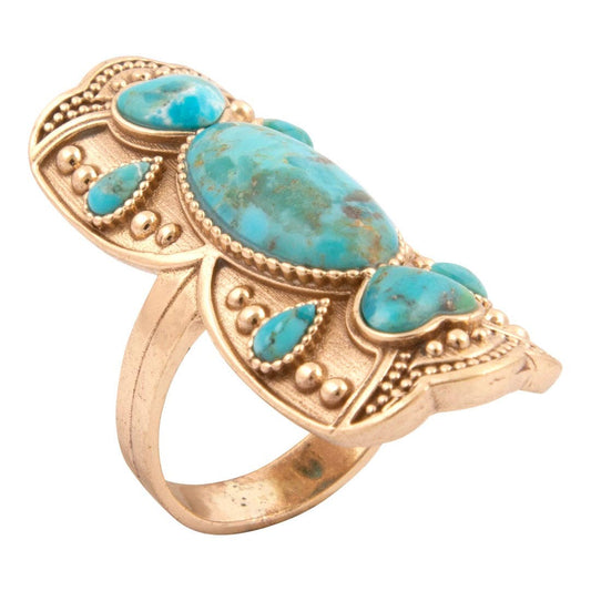 Blue Turquoise Golden Embellished Shield Ring