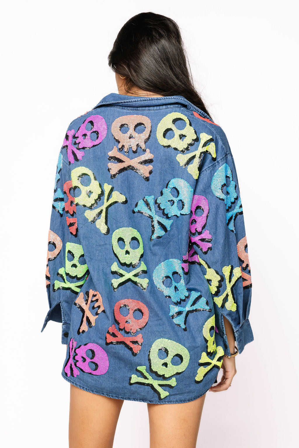 QOS Denim Neon Skull & Crossbones Tunic