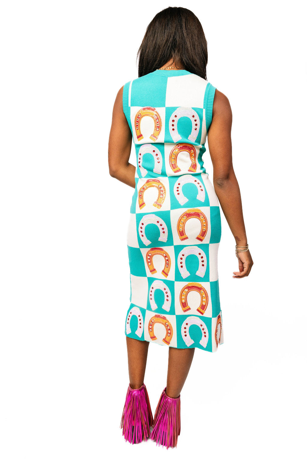 QOS Checkered Horseshoe Maxi Dress