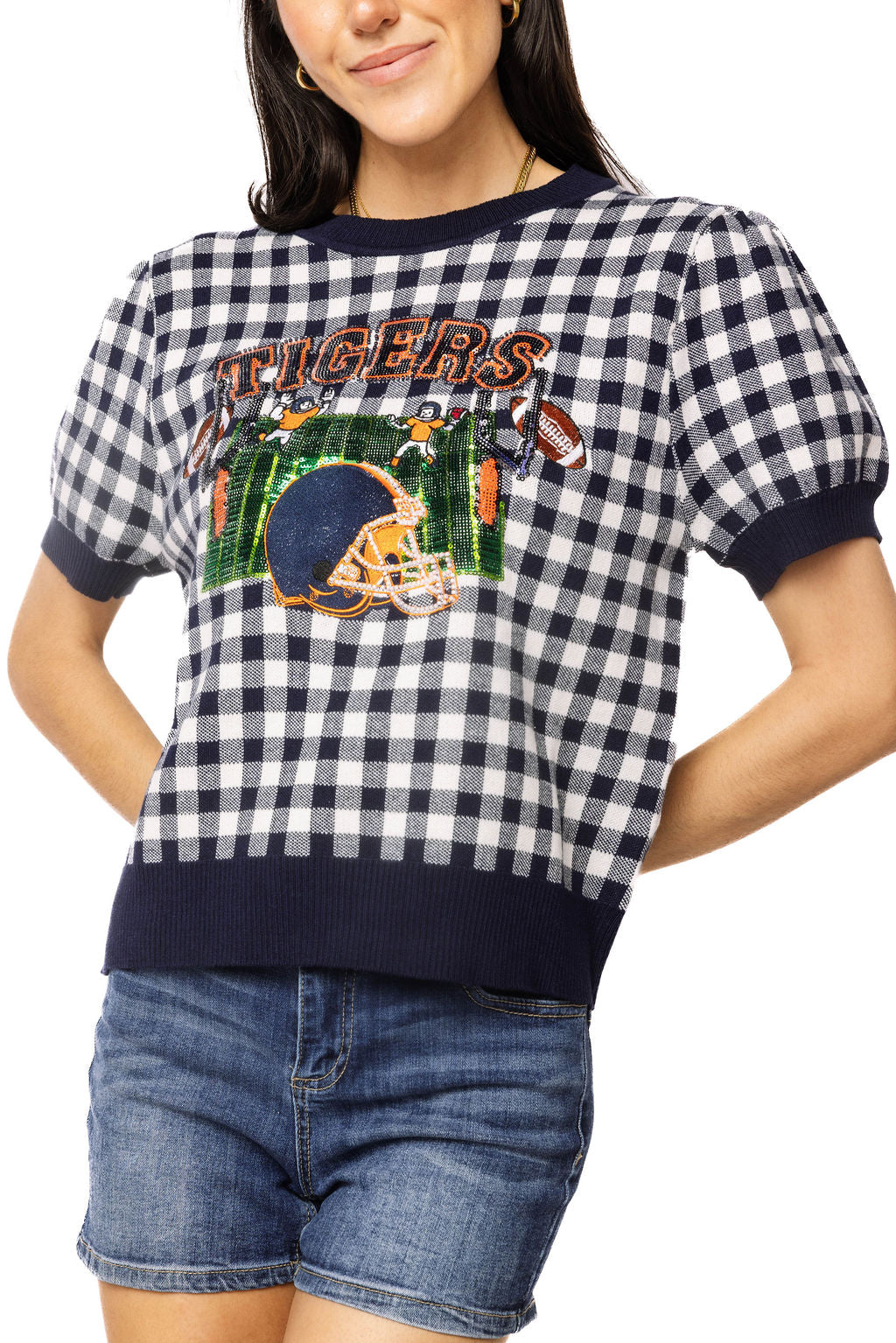 QOS Licensed Auburn Gingham Field Sweater Top