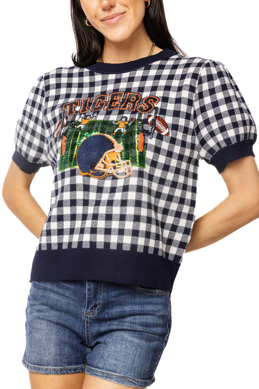 QOS Licensed Auburn Gingham Field Sweater Top