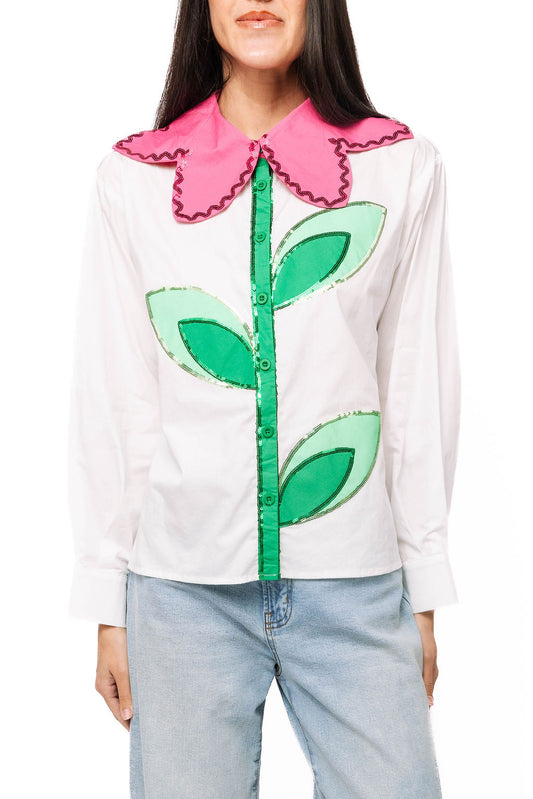 QOS Flower Collar Button Up Top