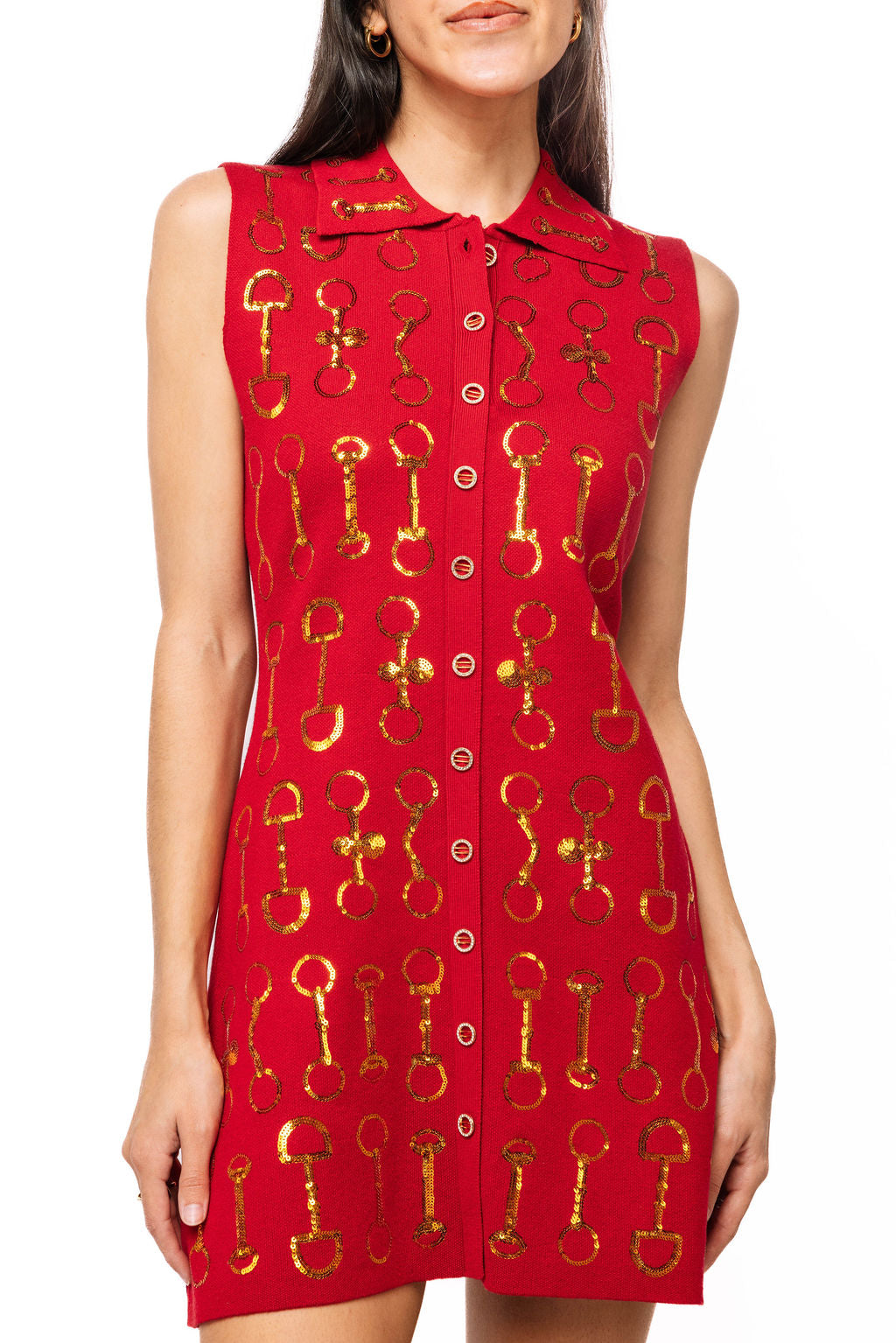 QOS Horse Bit Knit Sleeveless Collar Dress