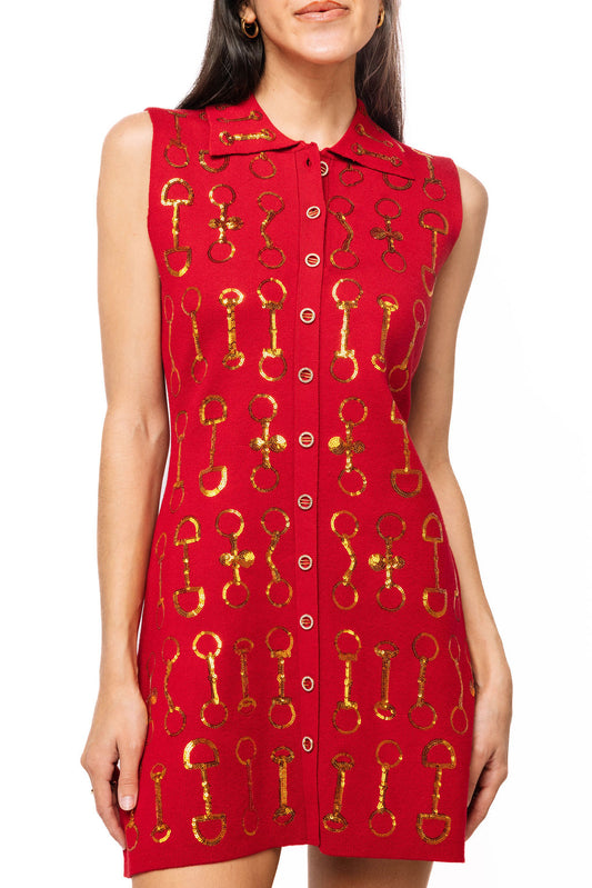 QOS Horse Bit Knit Sleeveless Collar Dress