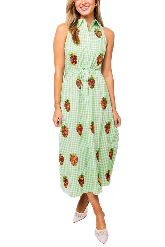 QOS Gingham Beaded Strawberry Maxi