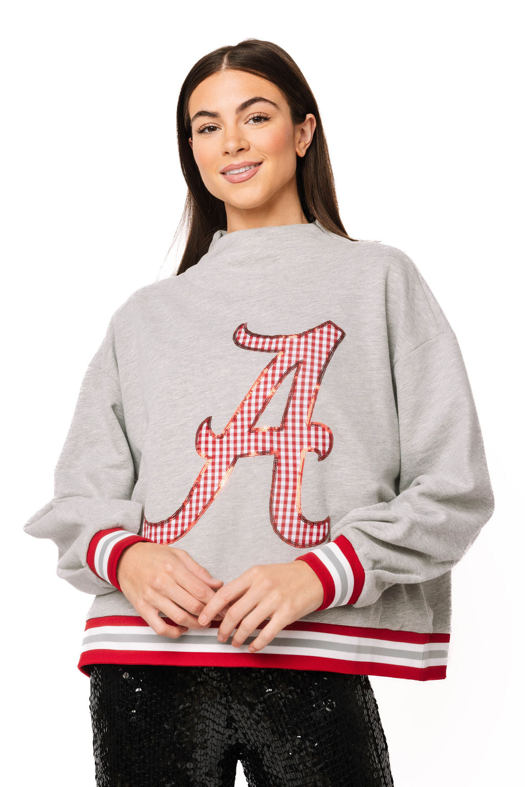 QOS Licensed Alabama Grey Gingham Mock Neck Sweatshirt