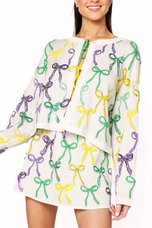 QOS Mardi Gras Bow Tie Up Sweater
