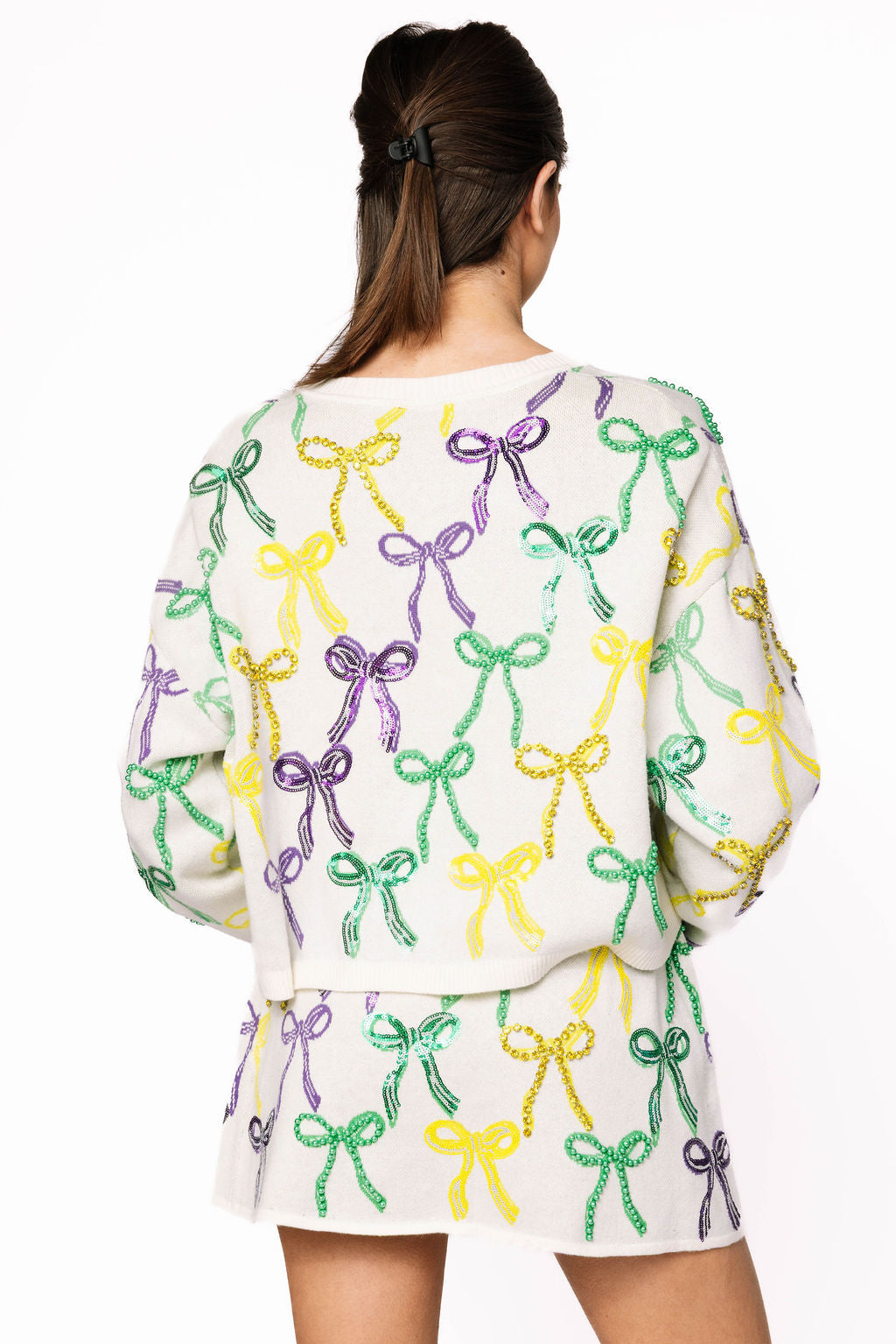 QOS Mardi Gras Bow Tie Up Sweater