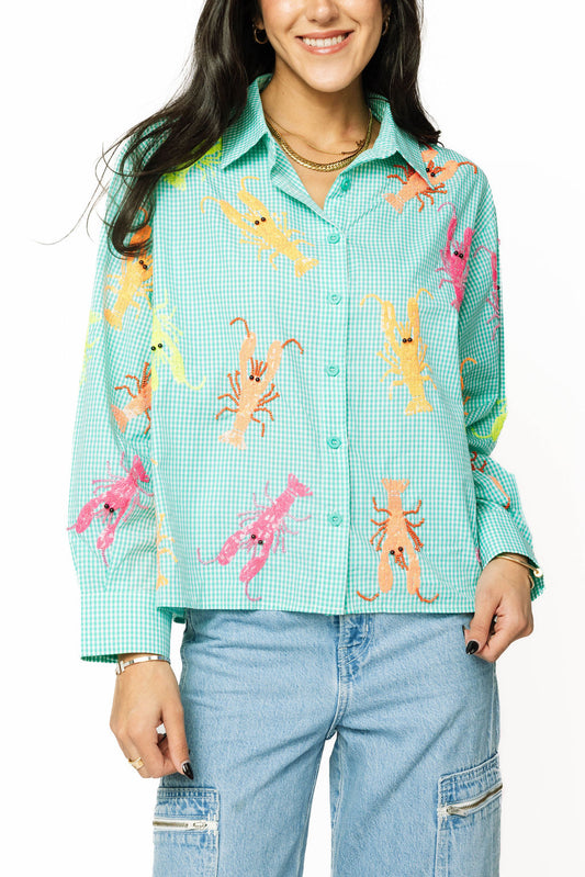 QOS Gingham Neon Crawfish Button Up