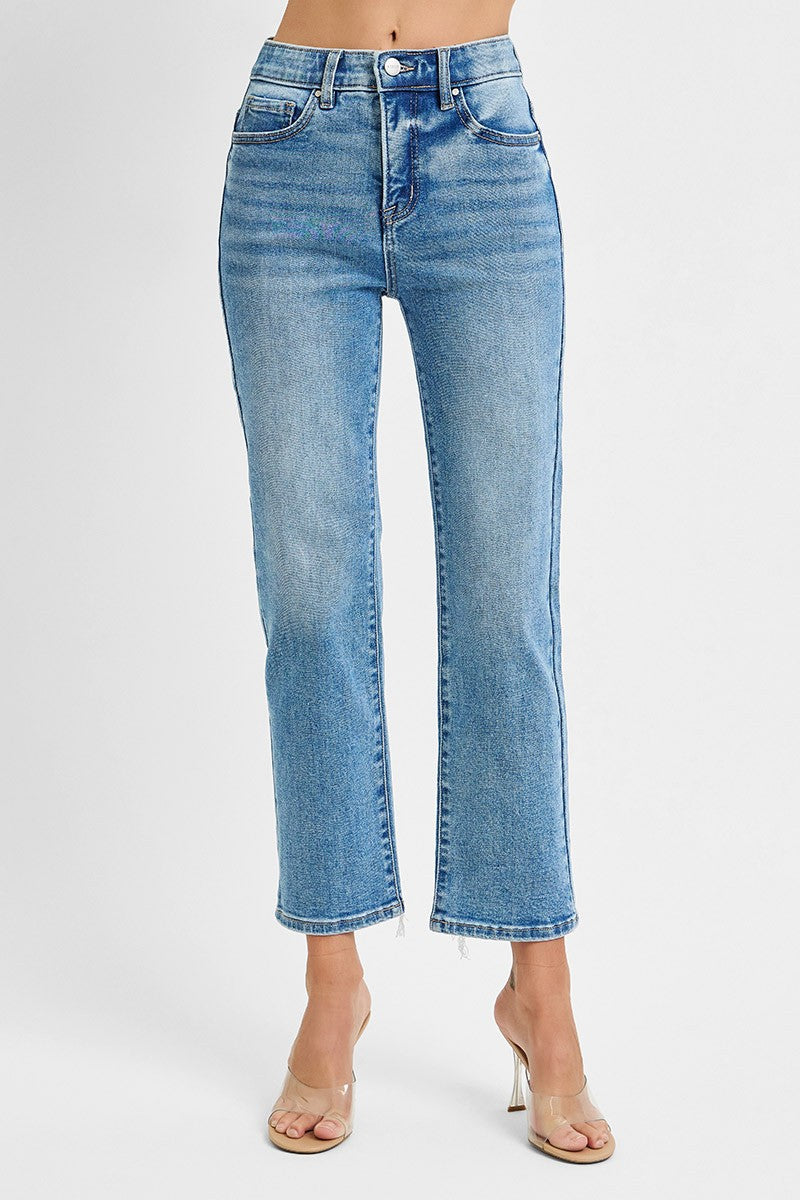Tummy Control Elastic Band HR Crop Straight Jeans